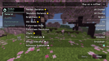 Video Settings with Sodium and Reese's Sodium Options