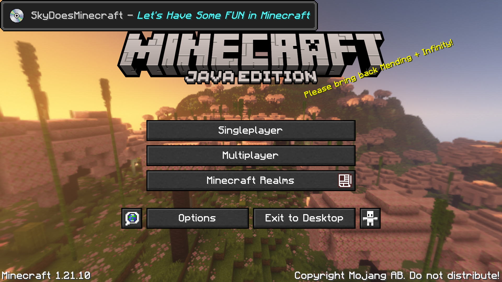 Minecraft title screen. It shows a music toast in the top left, reading, "SkyDoesMinecraft - Let's Have Some FUN in Minecraft".