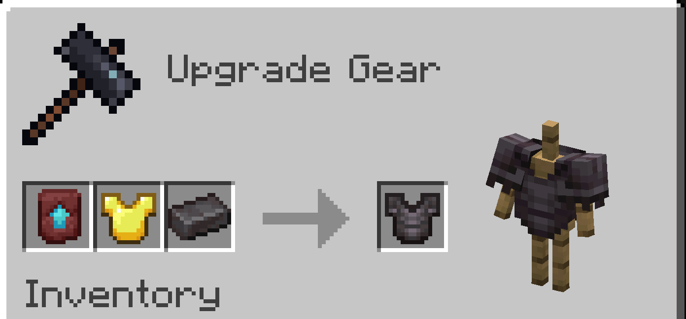 Screenshot of smithing table recipe, There is netherite upgrade template in the furthest left slot, a gold chestplate in the center slot, and a netherite ingot in the right slot, the output of the recipe is a netherite chestplate.