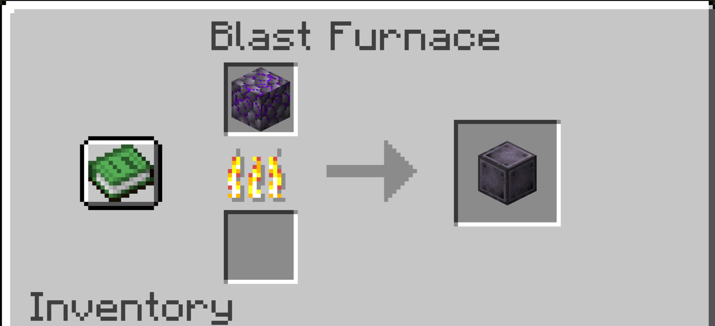 Screenshot of a blast furnace recipe, the blast furnace is lit. In the top slot is a block of Raw Weeping Amalgam, in the output slot is a block of Weeping Iron.