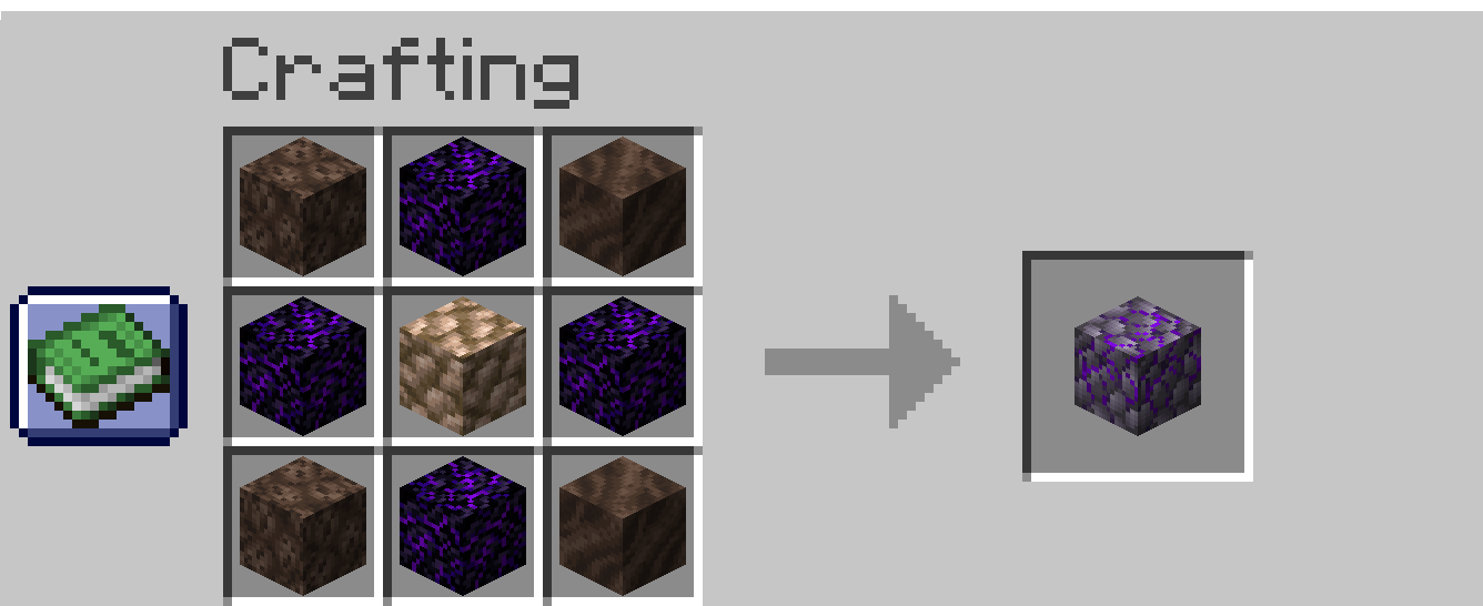 Screenshot of a shaped crafting recipe. soul sand / soil is in all four corners, crying obsidian in the four outer center slots, and a block of raw iron in the center. The crafting recipe outputs a block of Raw Weeping Amalgam