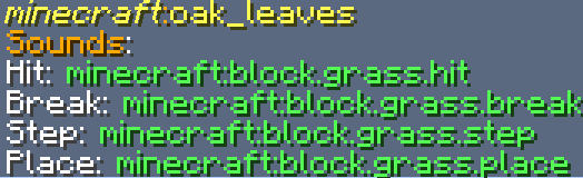 Output text from "/inspect_block sounds" command. Oak Leaves.