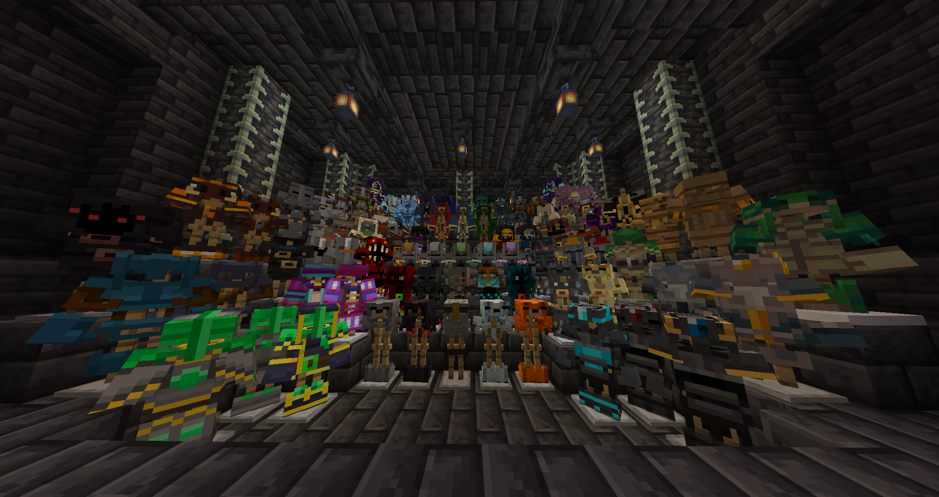 This image shows all of the armors added by MC Dungeons Armors, totaling 74 armor sets.