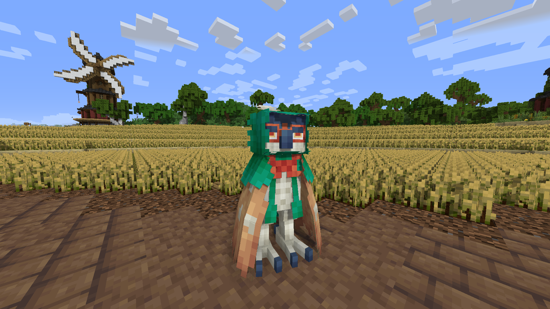 A Decidueye stands amidst a field of wheat. A windmill can be seen in the background.