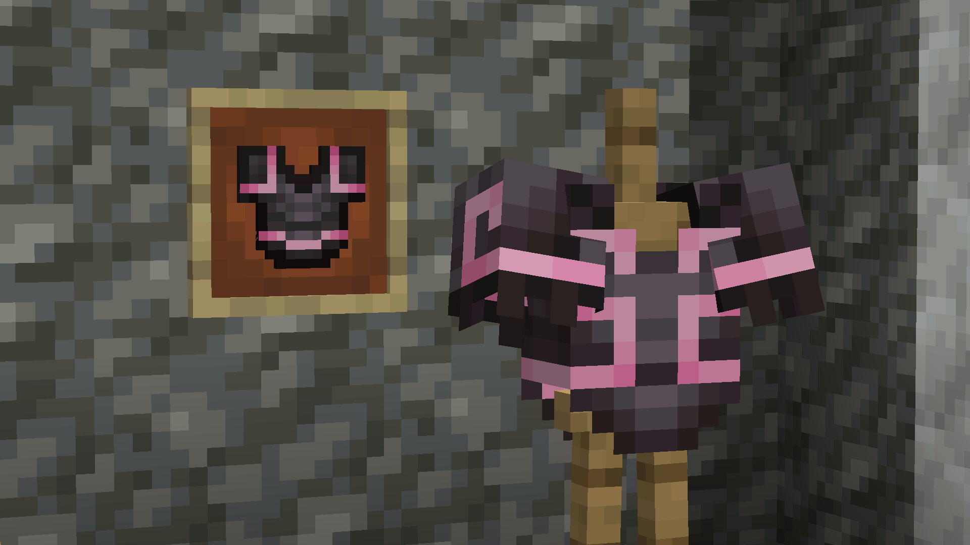 A netherite chestplate with an armor trim showing a pink-ish color, both in item and entity form