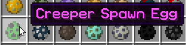 A Creeper Spawn Egg, with purple text from having a rarity value of Epic.