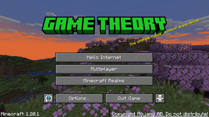 Game Theory Minecraft logo with "The ultimate indoor outdoor experience!" splash text.