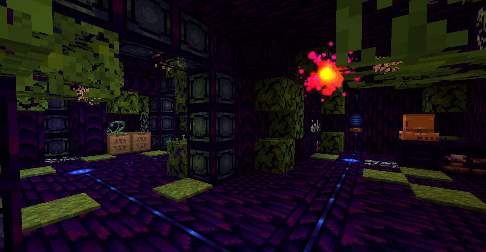 Screenshot of the interior of a Nature Outpost structure; it is built from a purple rock and is visibly overgrown, with leaves and moss everywhere.