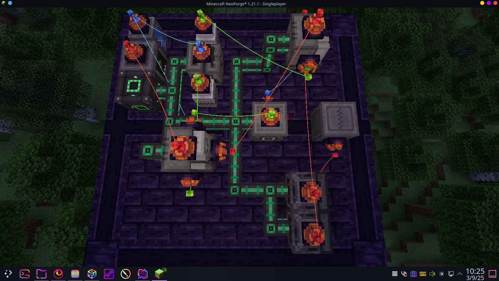 Screenshot of a series of high-tech machines from Mekanism placed on dark purple bricks, connected via colorful wires.