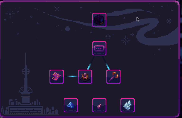 Screenshot of an interface showing several magenta-framed block and item icons connected by glowing blue lines, with a dark blue background depicting a city and a night sky above it.