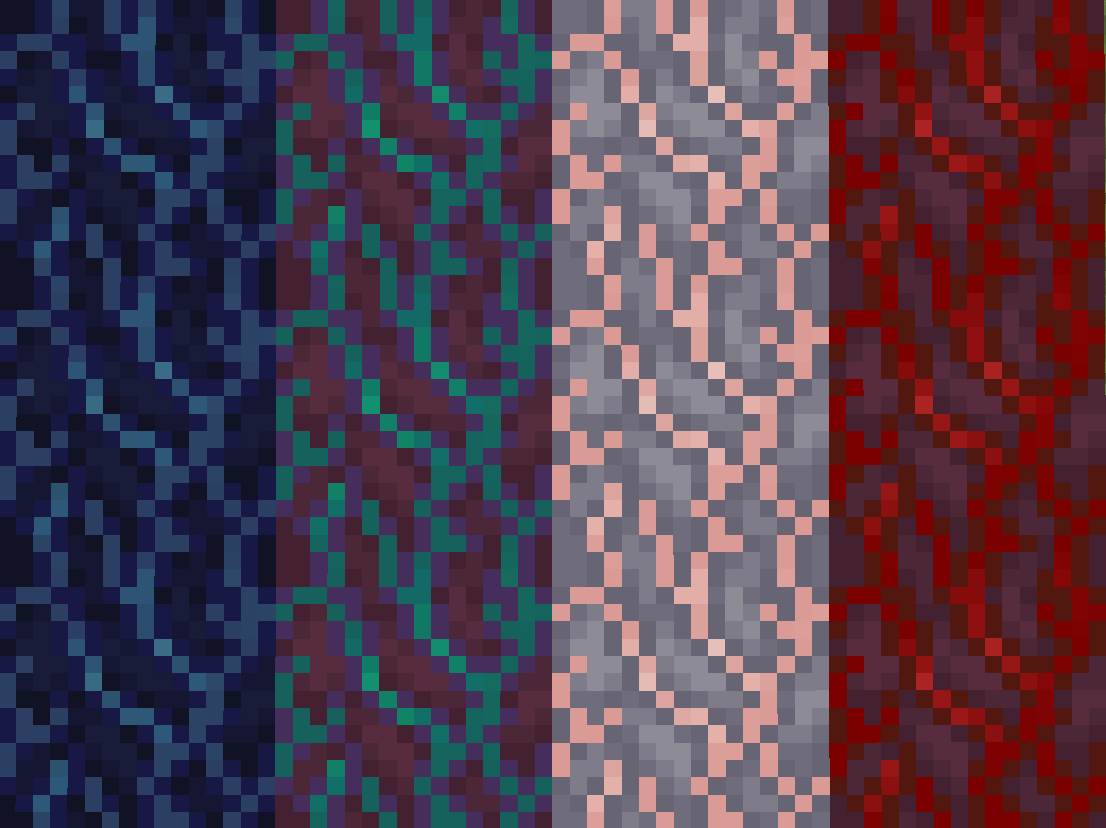 Warped stems in azurite, malachite, rosewater, and crimson