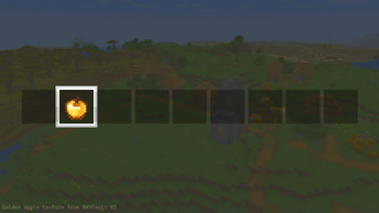 Square Hotbar containing a Golden Apple in front of Minecraft world