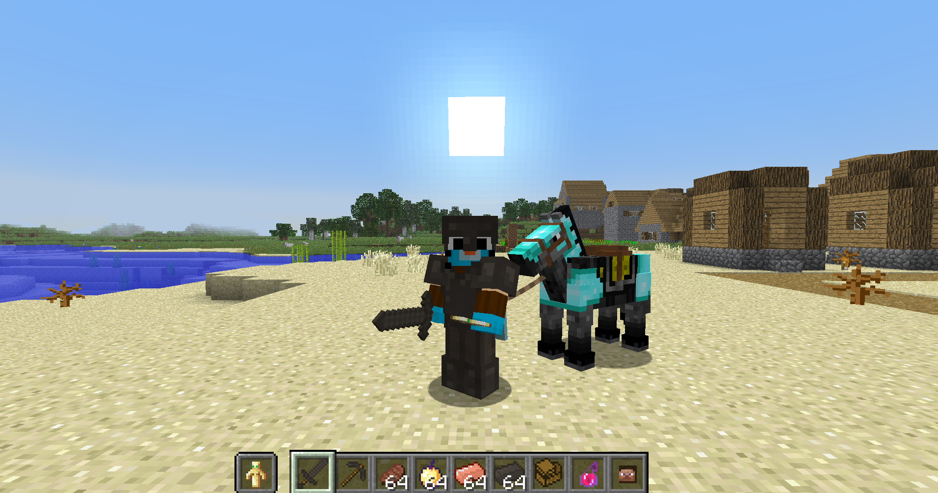 A Player standing with a sword, an armor, a horse and some others items
