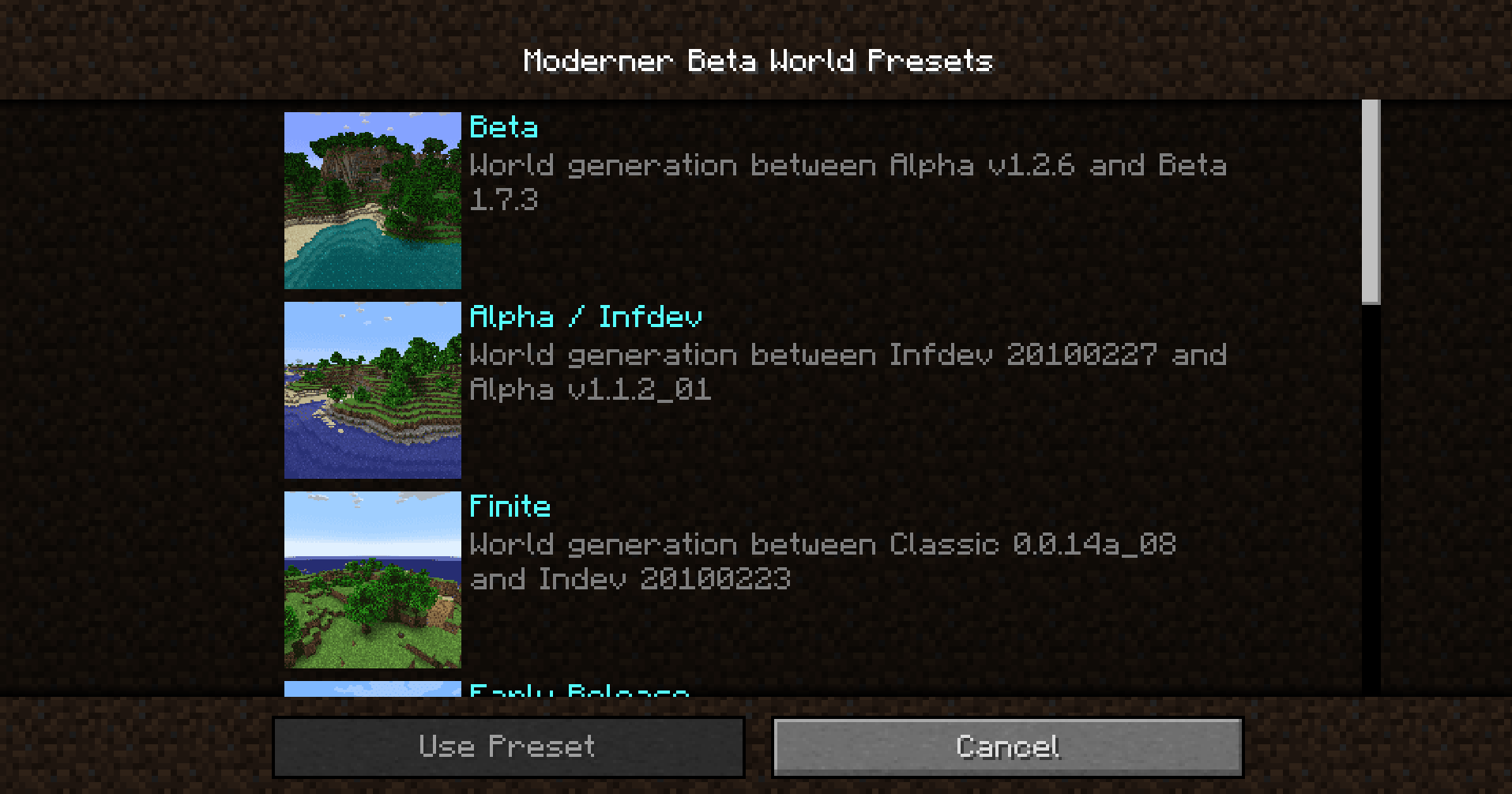 The Moderner Beta World Presets