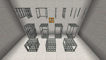 A showing of all the blocks in the mod, and the mini-wrench in an item frame.
From left to right: Standard Cage, Open Cage, Sided Cage, and Fully Open Cage.
Miniature versions in front: Standard, Sided, and Open.