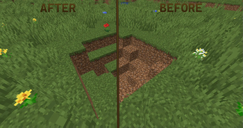 An image of a creeper explosion hole. The split shows the before and after of using a grass bomb.