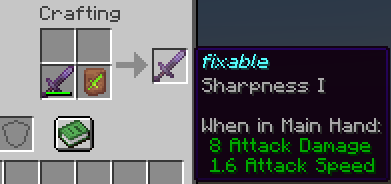 An image showing the a sword being repaired using a repair kit that keeps its enchantment and custom name