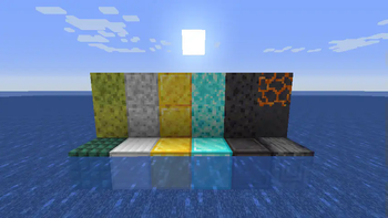 Vanilla Sponge, Iron Sponge, Gold Sponge, Diamond Sponge, Netherite Sponge, and Lava Sponge, all lined up above the water.