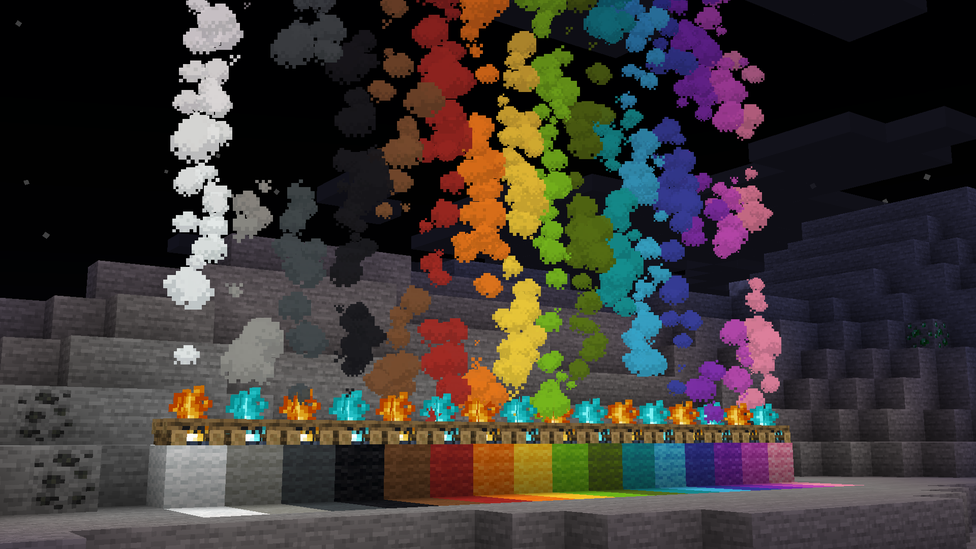 A comparison of all colored smoke particles, side by side, with their respective wool block