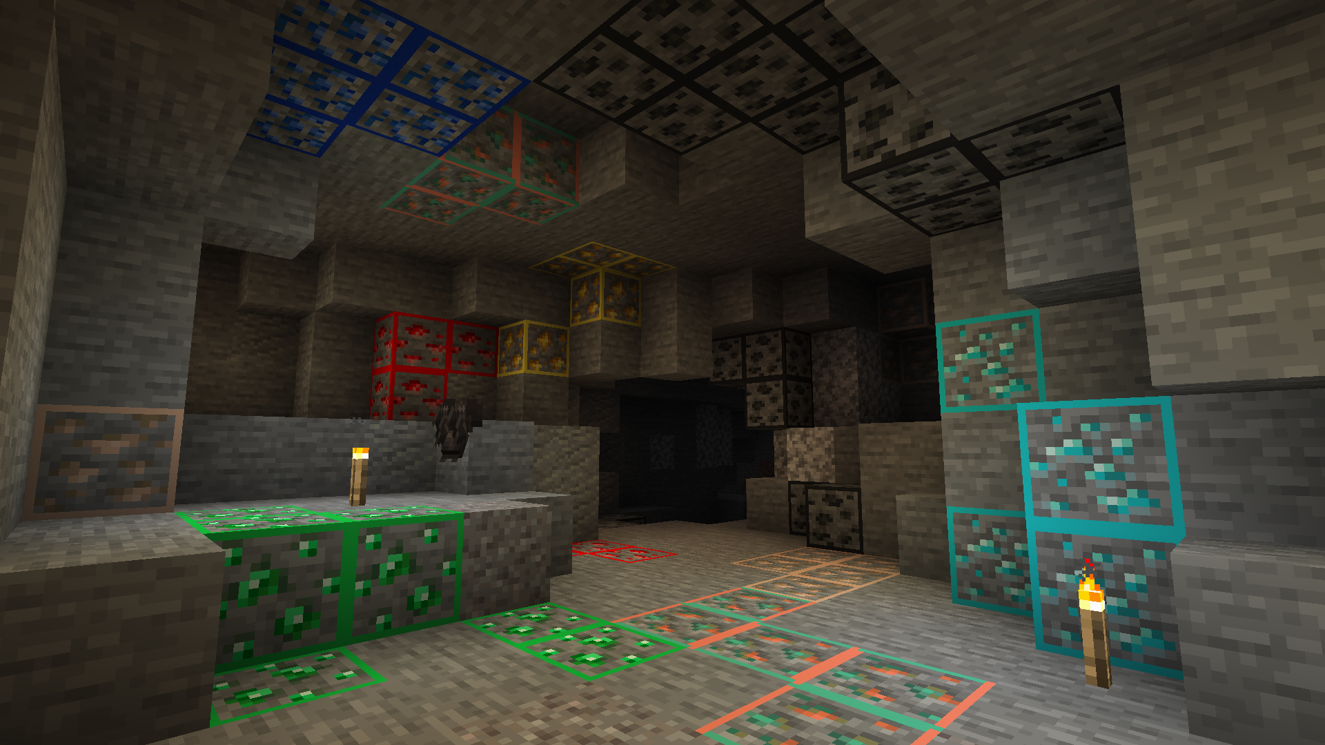 Ores placed around a cave.