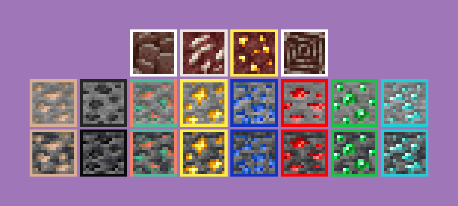 Ores textures on a purple background.