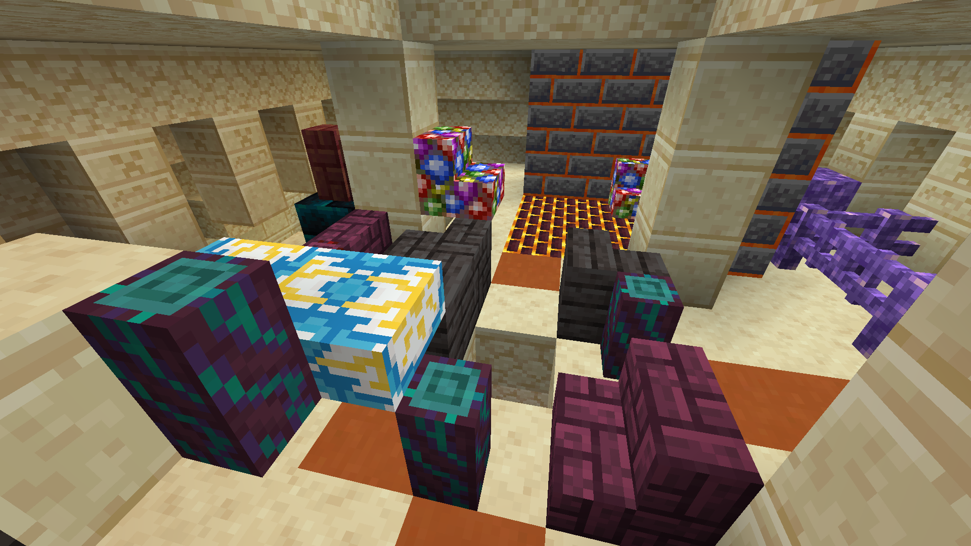 Some of the extended shapes of blockus of Blockus mod, such as small logs, glazed terracotta columns, herringbone planks, charred planks, rainbow glowstone and polished amethyst.
