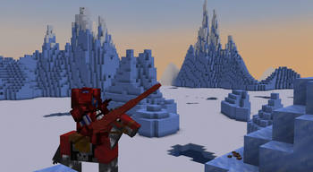 A rider wielding a red steel lance on an iceberg.