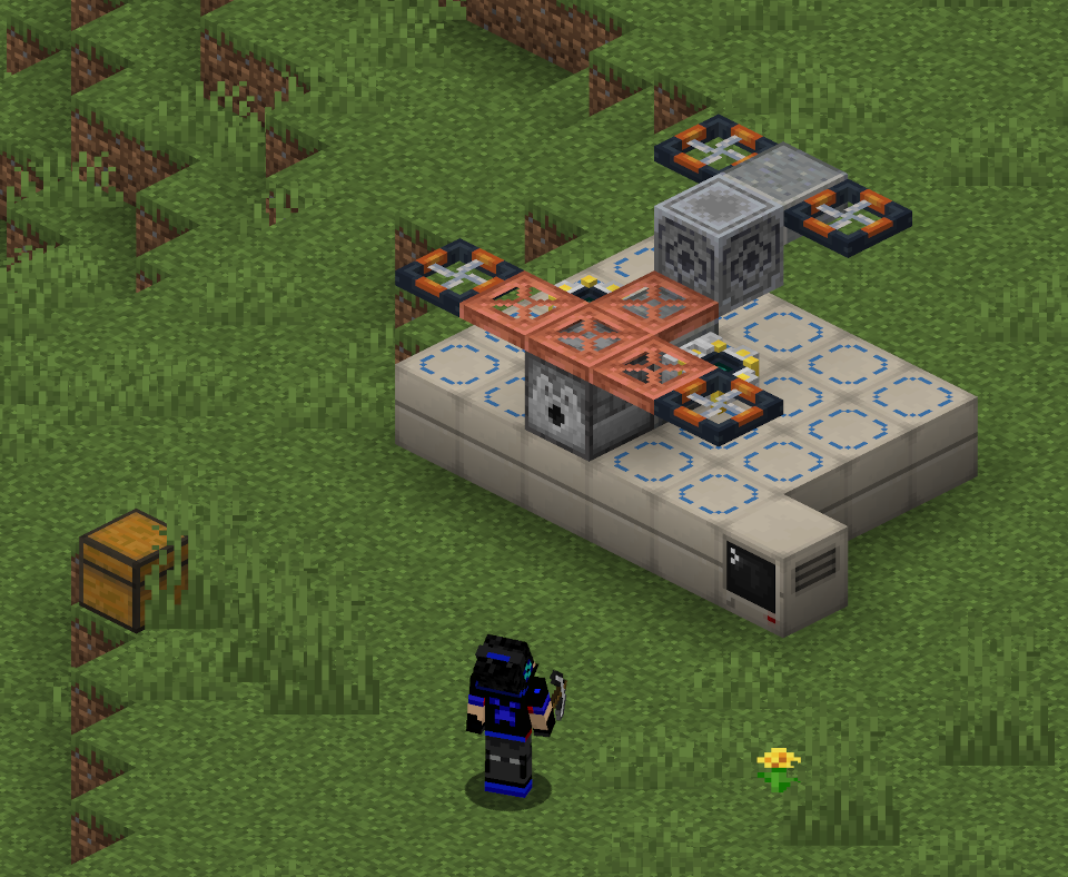 Player standing next to a drone on an assembly platform