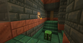 Torch Levers are a secret way of controlling redstone, blending in with normal torches until right clicked. One is pictured here inside a 1.21 Trial Chamber after powering a Copper Bulb. 