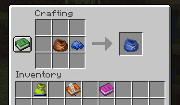 Crafting Table interface, with a Bundle being dyed to blue while other colored items and displayed in the player's inventory