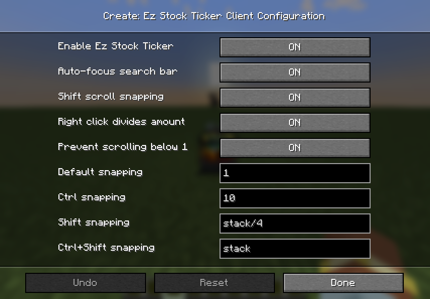 Configuration menu showing each option