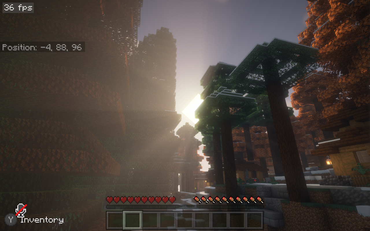 A steam deck running B S L shaders at 36 f p s, staring at the sun in minecraft