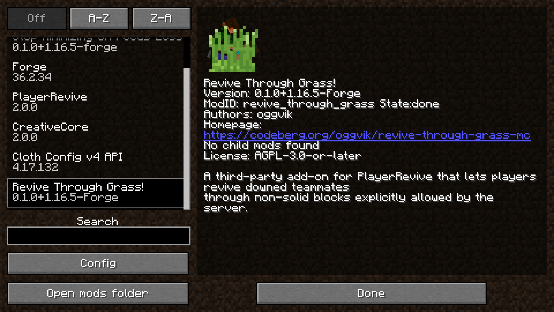 Mod entry in Forge 1.16.5 Mod List