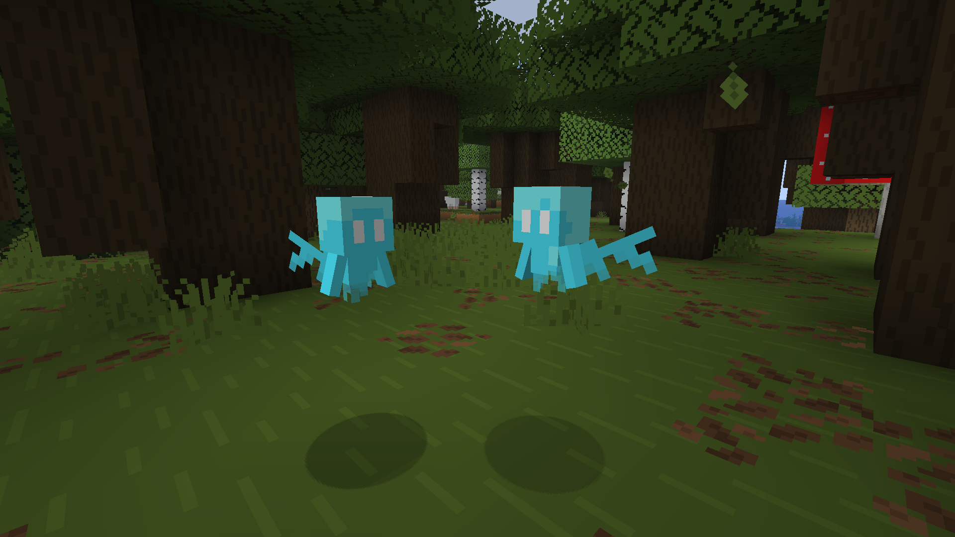 Two allays floating in a dark forest, Steve on the left and Alex on the right
