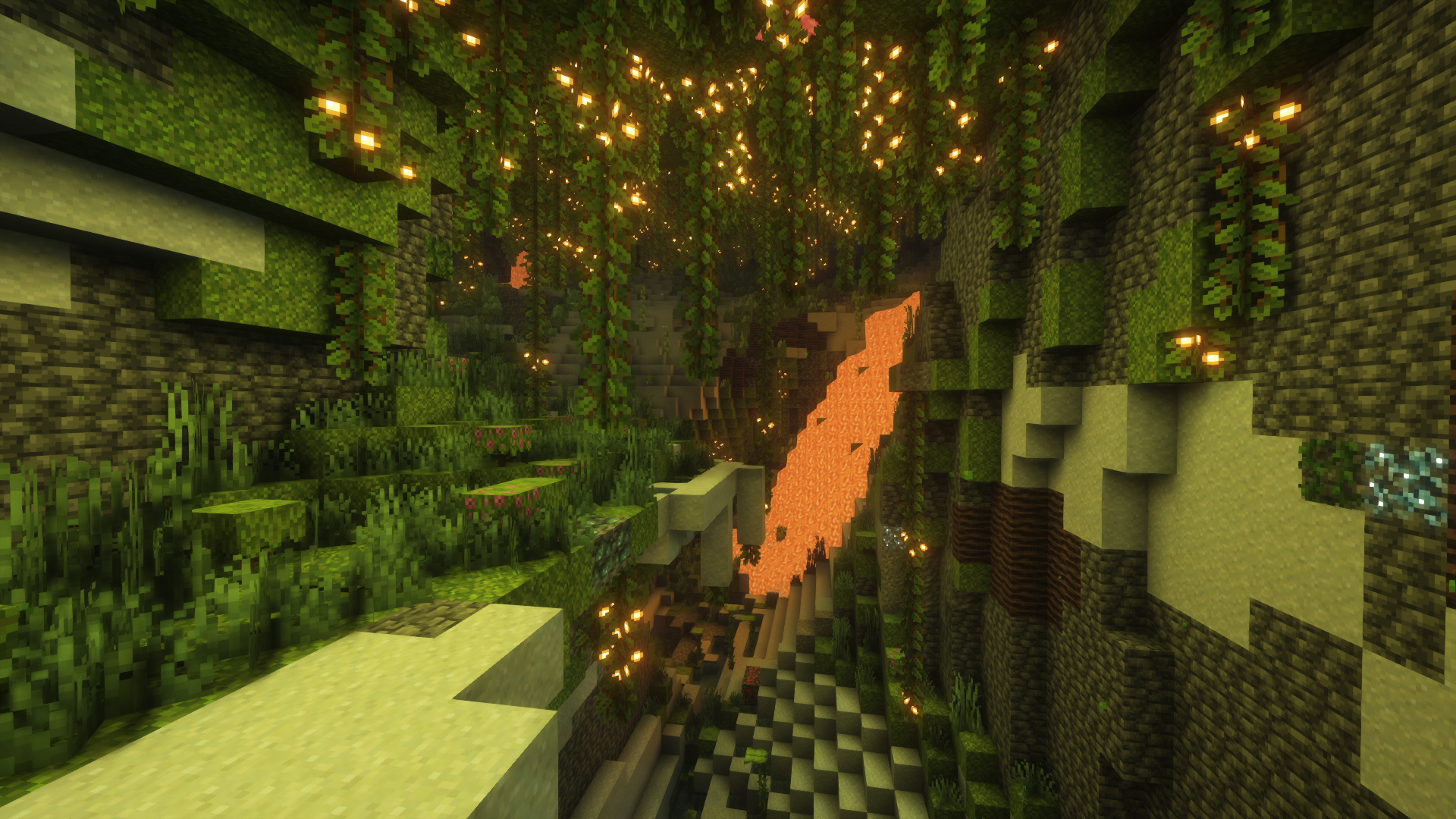 A Lush cave, lit by berries and magma