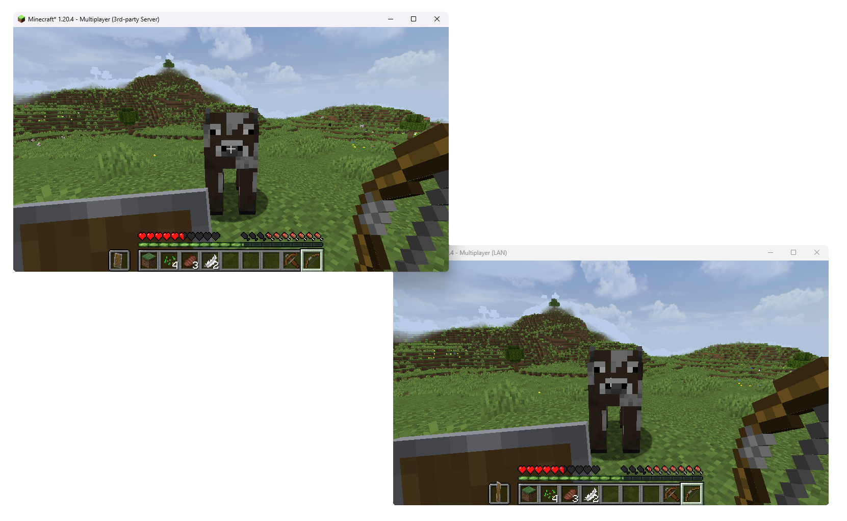 Screenshot showing two Minecraft instances, one spectating the other.