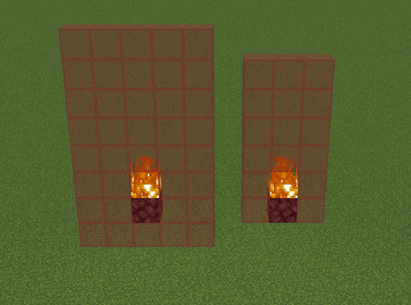 On the left side of the images shows the mods default fire spread mechanics, indicating a 5x5x8 area of effect. On the left side of the image shows the vanilla fire spread mechanics, indicating a 3x3x6 area of effect.