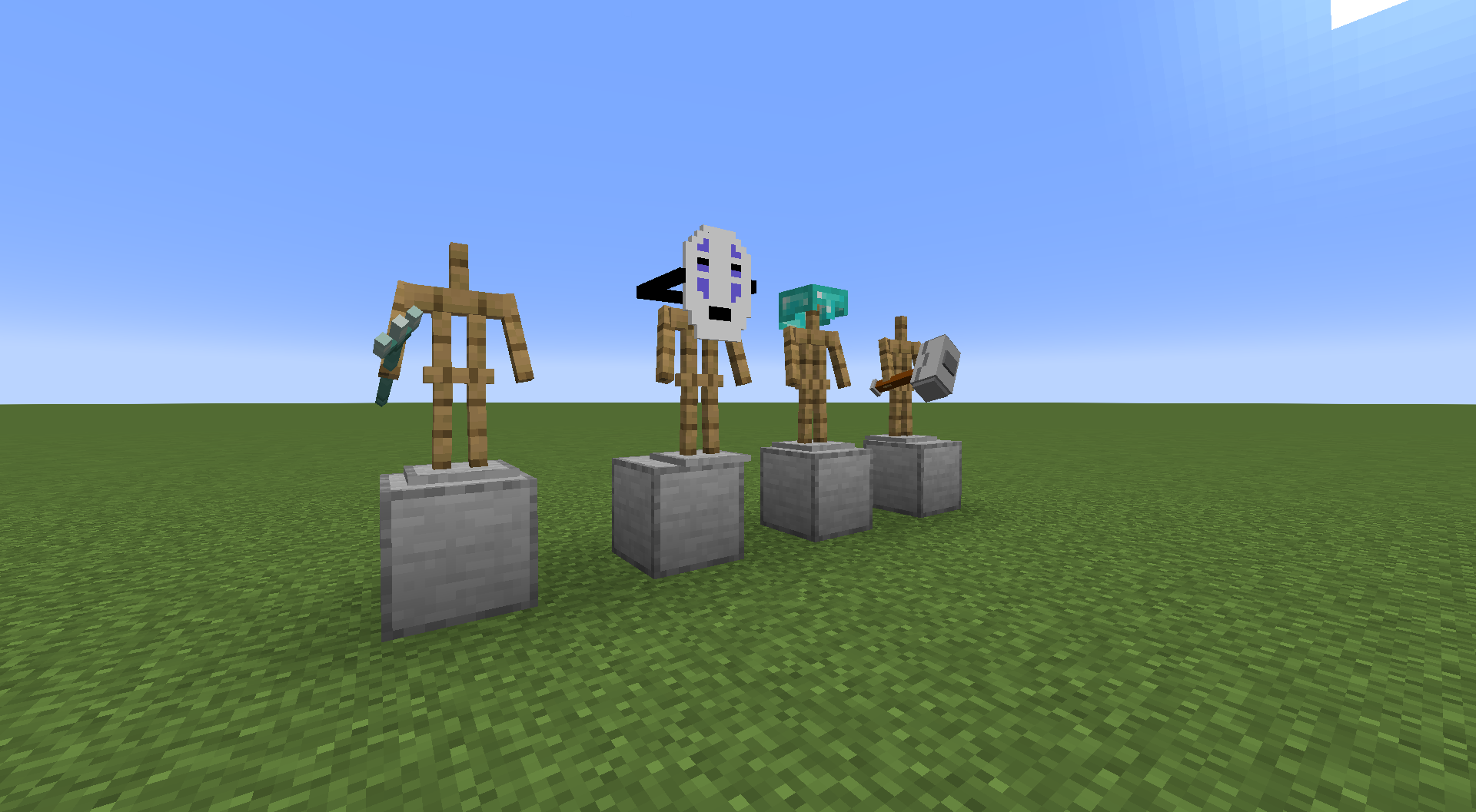 An image showing tridents with custom models and a no-face mask as a diamond helmet replacement.