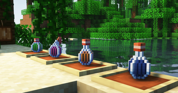 The line up of potion bottles, from splash potions to lingering potions to regular potions.