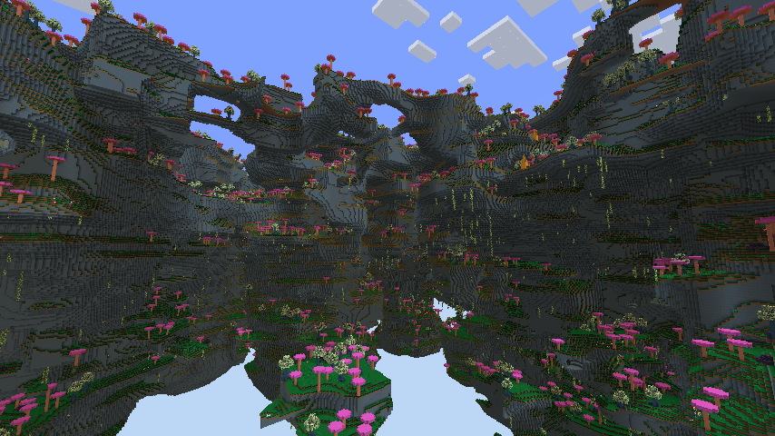Huge cliffs filled with lush colorful plants and mushrooms.