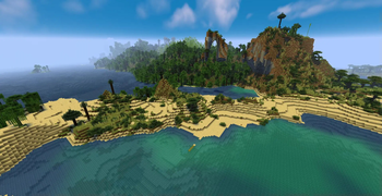 a lagoon with grassy beaches