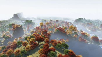 Biomes change in the fall around players, making leaves turn a mix of golden yellow and red.