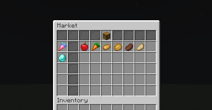 The main menu view for Stonks. Open it by typing /market.