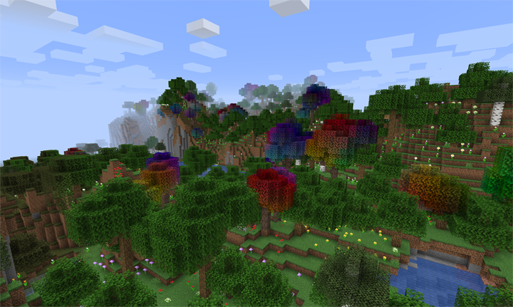 Forest biome with a few rainbow trees among the oak trees