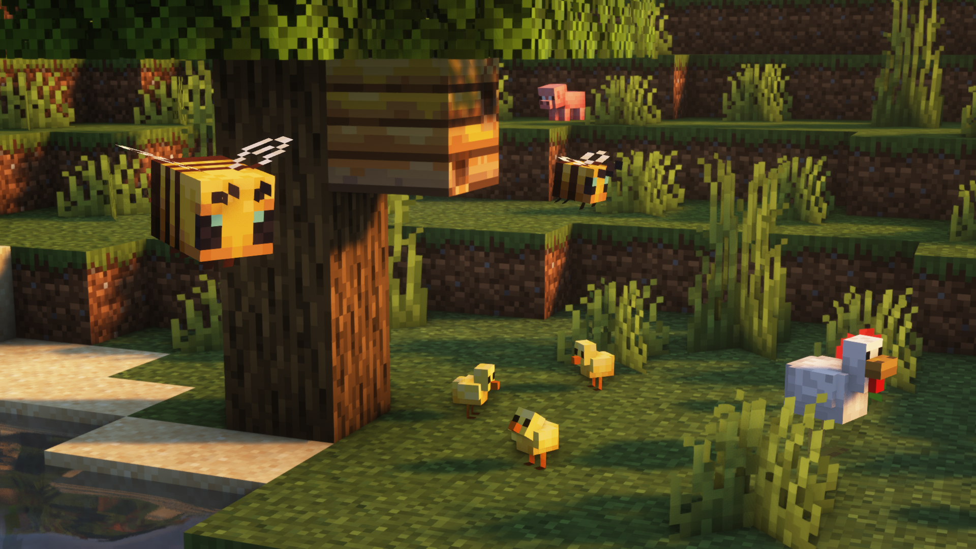 A collection of baby mobs in a plains biome at sunset, zoomed in to focus on the baby mobs more clearly