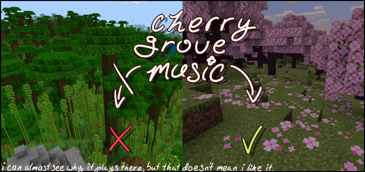 Text reading "cherry grove music" with arrows. One pointing to Jungle is crossed out and has an X, while the one pointing to the Cherry Grove isn't and has a checkmark. bottom reads "i can almost see why it plays there, but that doesn't mean i like it."