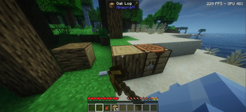 First person model holding wooden pickaxe with BSL shaders