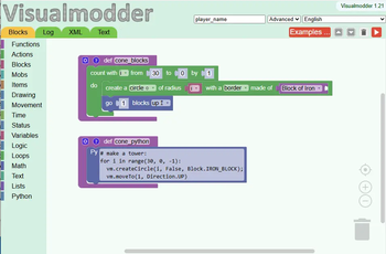 The coding editor with blocks or Python