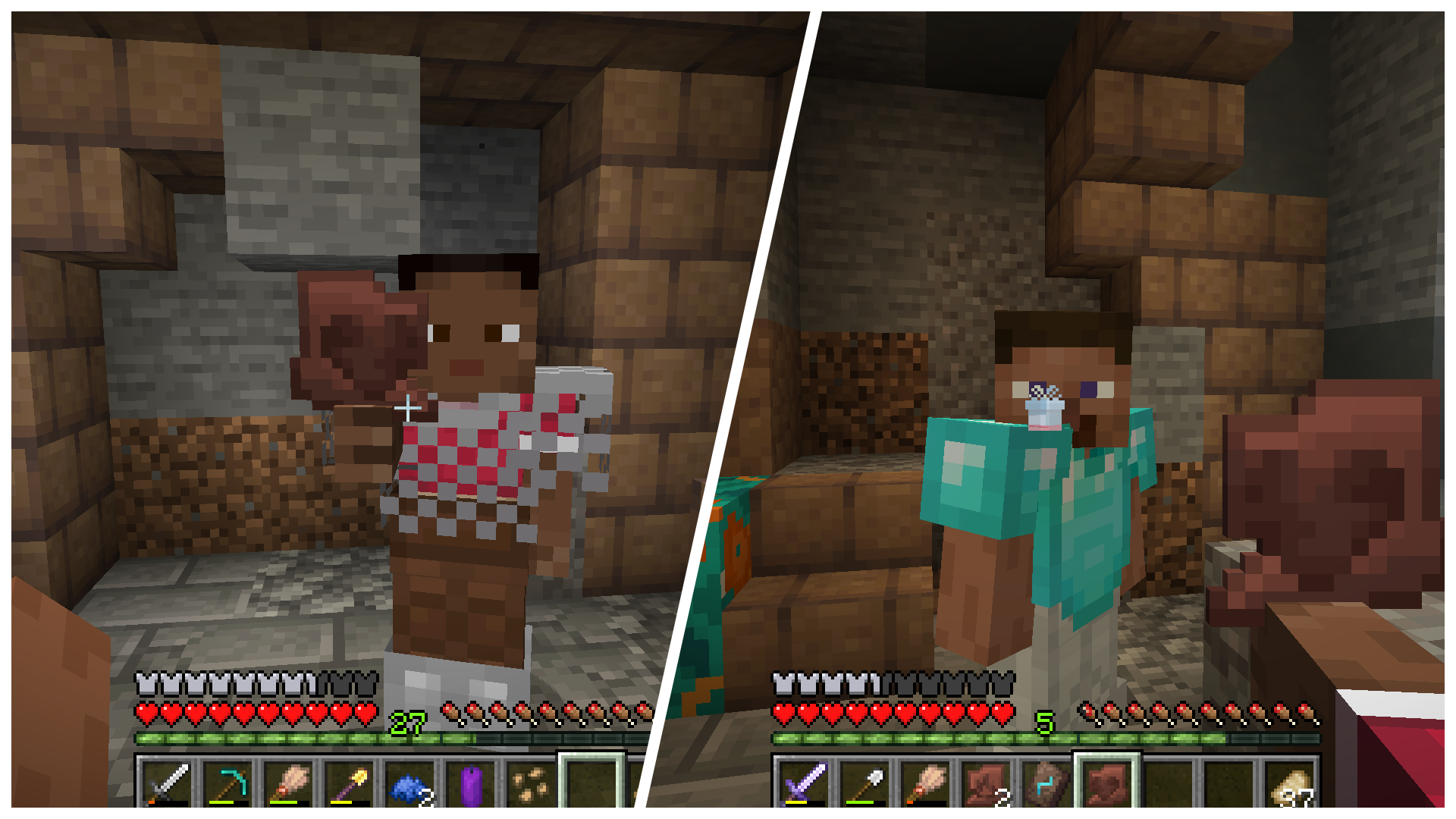 Zuri, a Minecraft character, sharing a Heart Pottery Sherd with Steve, a Minecraft character, from both first and third person