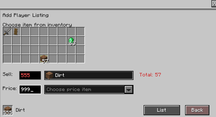 Player Sell menu